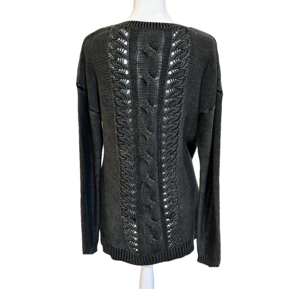 Sweater Long Sleeve w/ Cables front & Back, Charcoal Grey 100% Cotton, size LRG - Picture 3 of 9